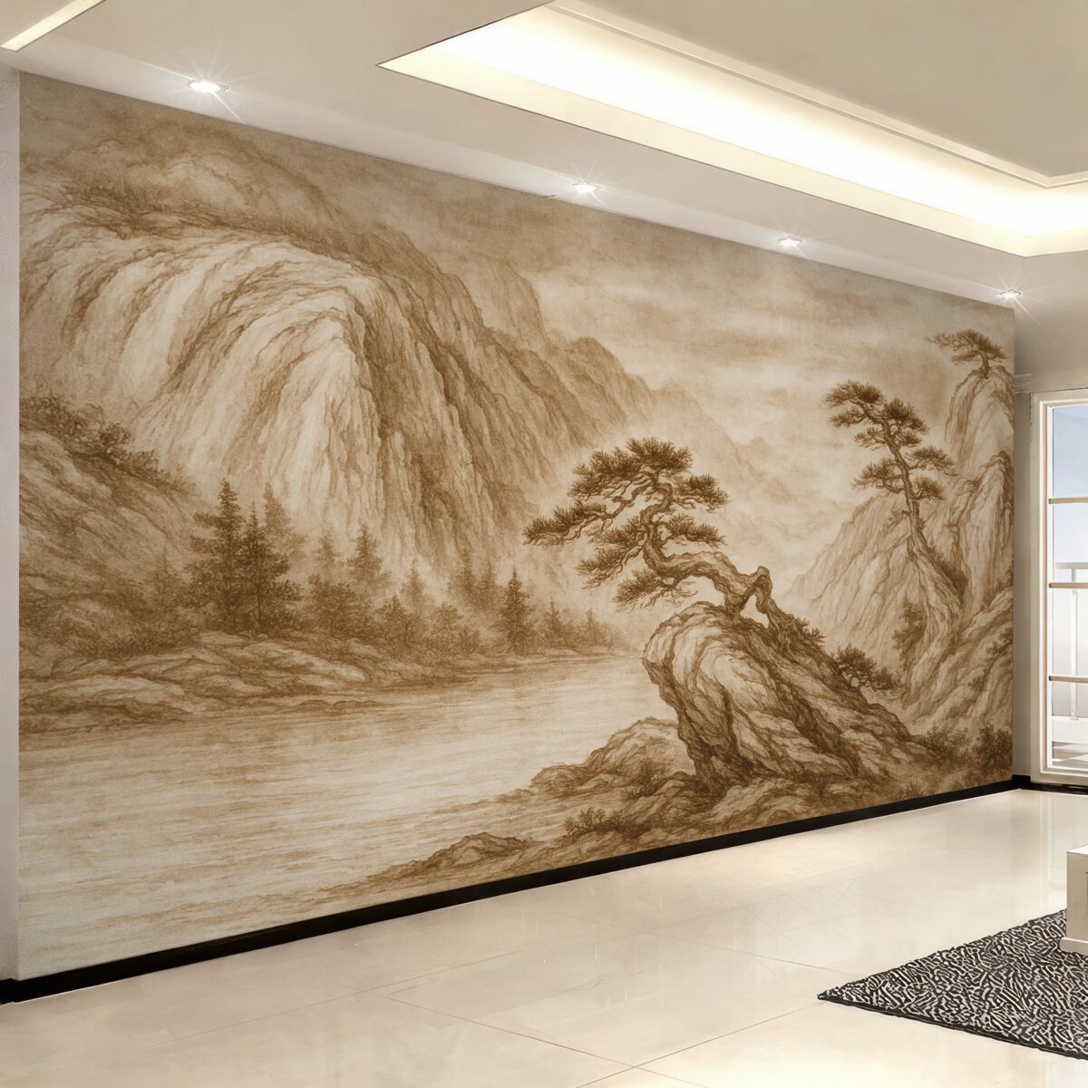 Fototapeta Klasyczna chińska monochromatyczna grafika pejzażu z górami, drzewami i mgłą.