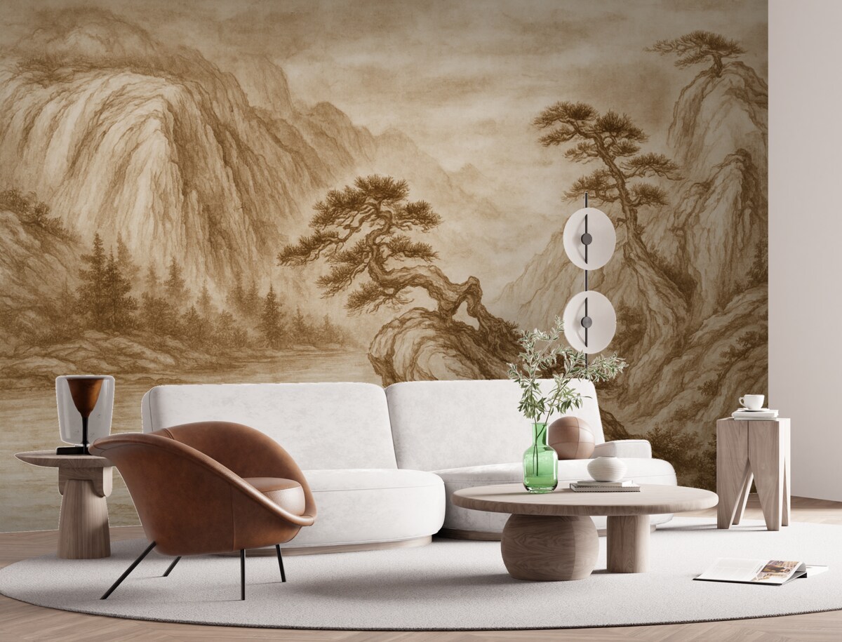 Fototapeta Klasyczna chińska monochromatyczna grafika pejzażu z górami, drzewami i mgłą.