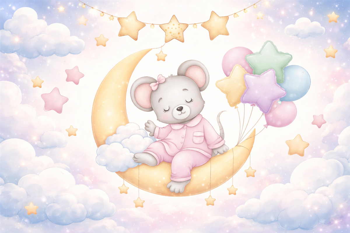 Fototapeta Urokliwa grafika ukazująca drzemiącą małą myszkę na Księżycu, otoczoną gwiazdami, chmurami i balonikami.