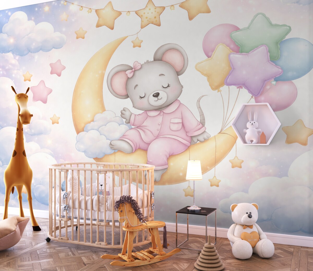 Fototapeta Urokliwa grafika ukazująca drzemiącą małą myszkę na Księżycu, otoczoną gwiazdami, chmurami i balonikami.