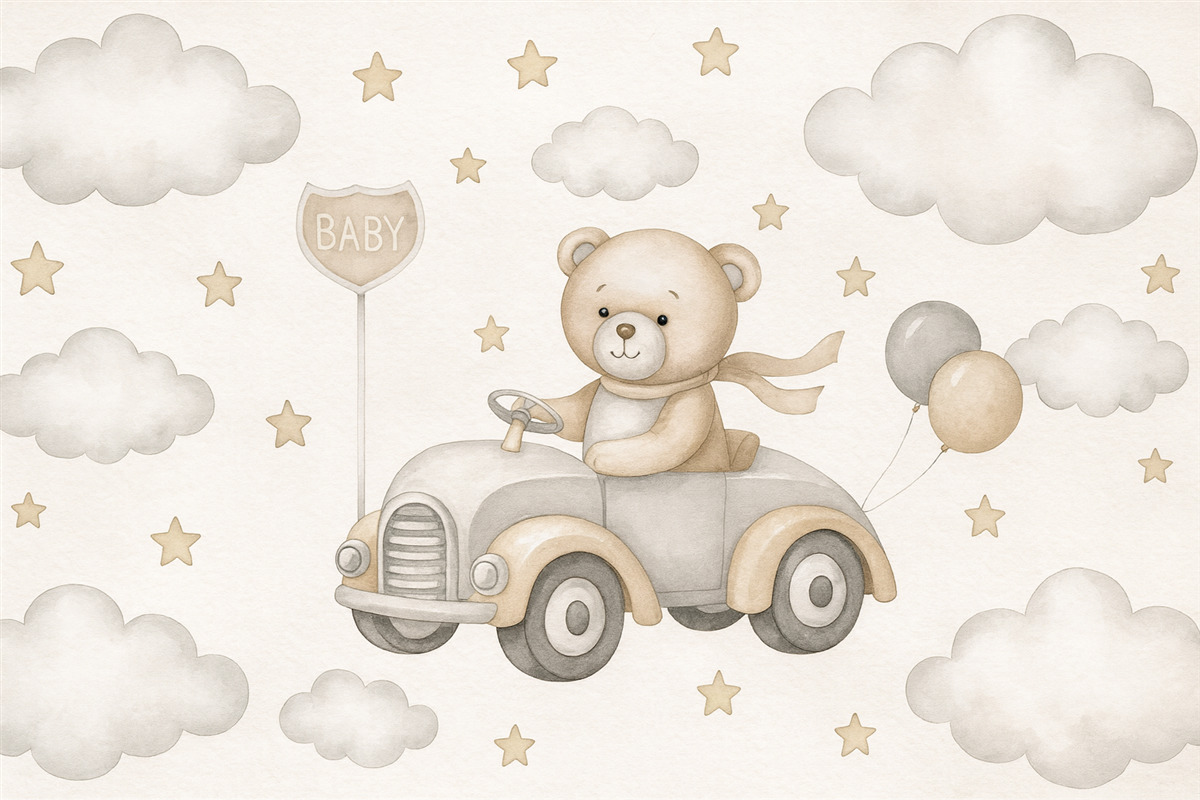 Fototapeta Czarująca grafika niedźwiadka podróżującego klasycznym autem pośród chmur i gwiazd.