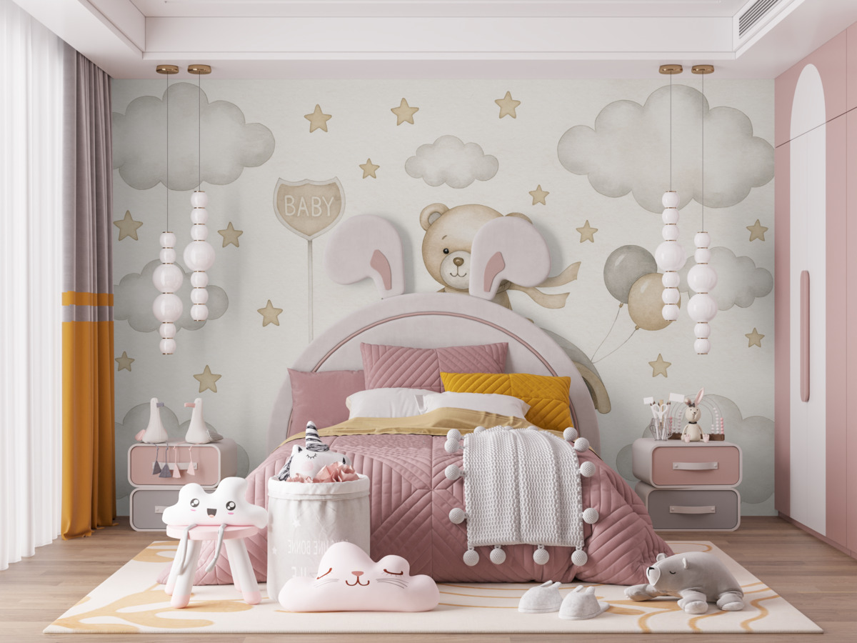 Fototapeta Czarująca grafika niedźwiadka podróżującego klasycznym autem pośród chmur i gwiazd.