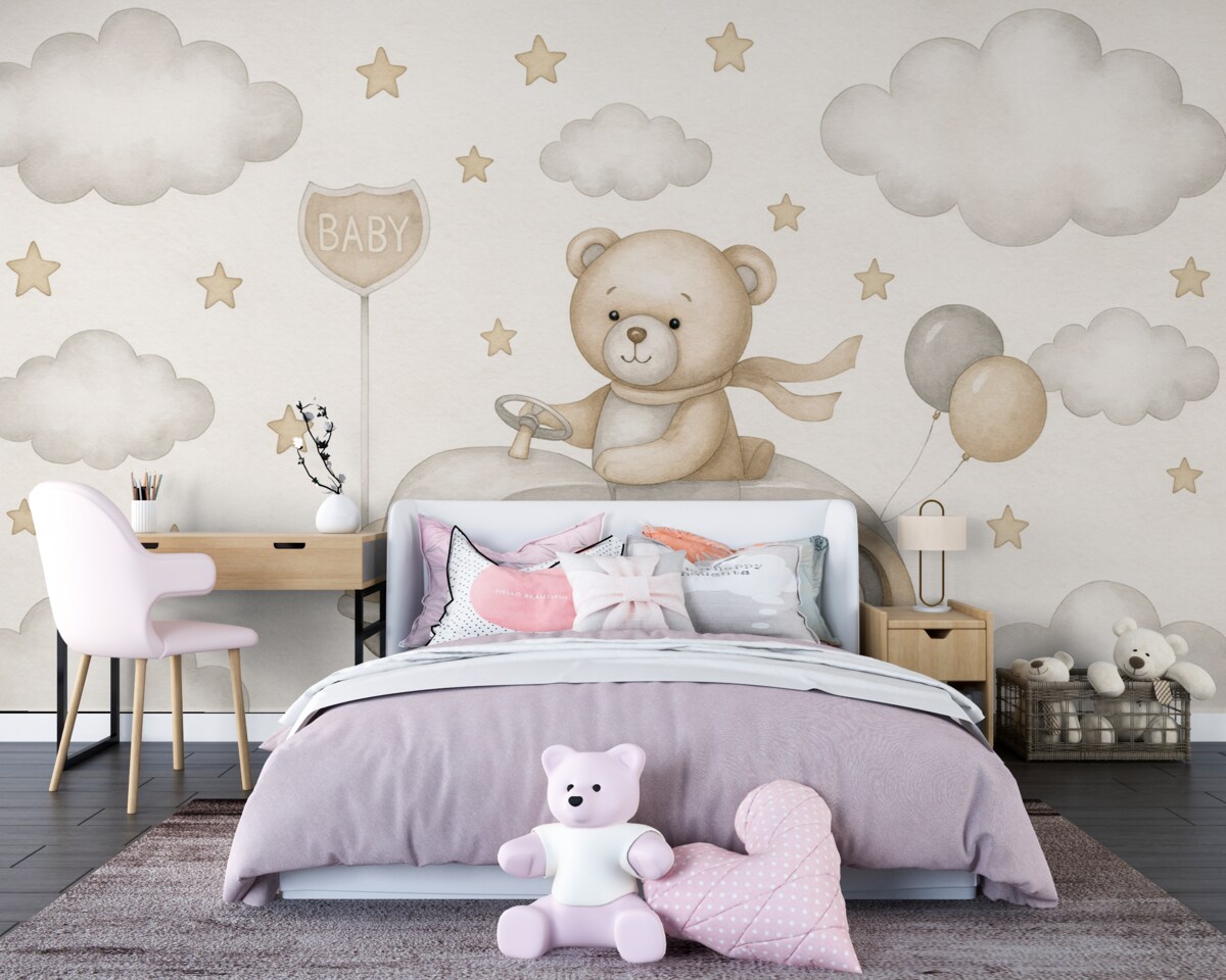 Fototapeta Czarująca grafika niedźwiadka podróżującego klasycznym autem pośród chmur i gwiazd.