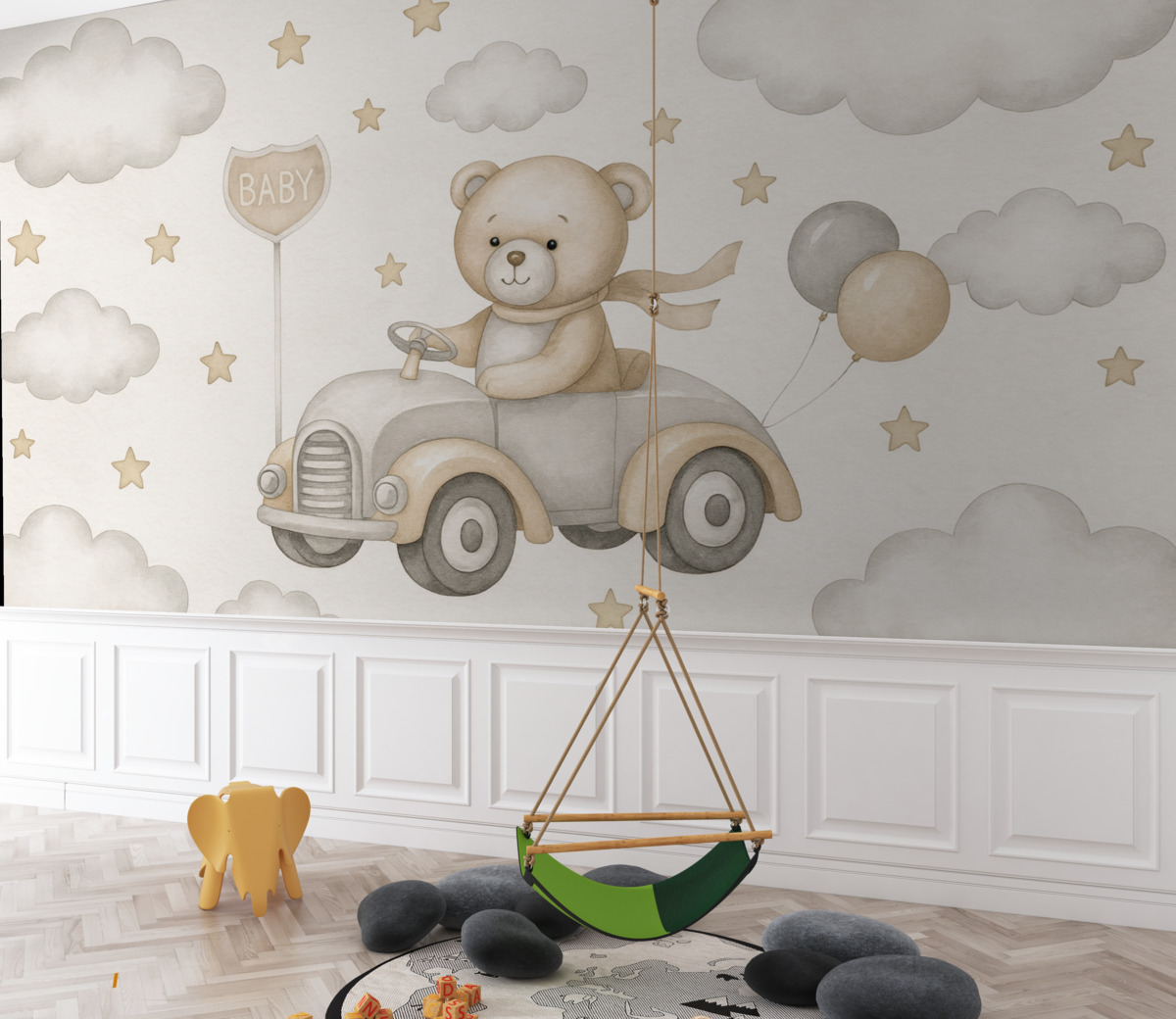 Fototapeta Czarująca grafika niedźwiadka podróżującego klasycznym autem pośród chmur i gwiazd.