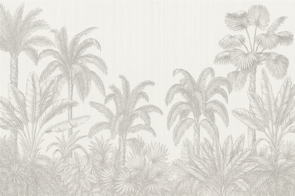 Fototapeta Wintage grafika tropikalnych roślin oraz palm na tkaninowym tle.