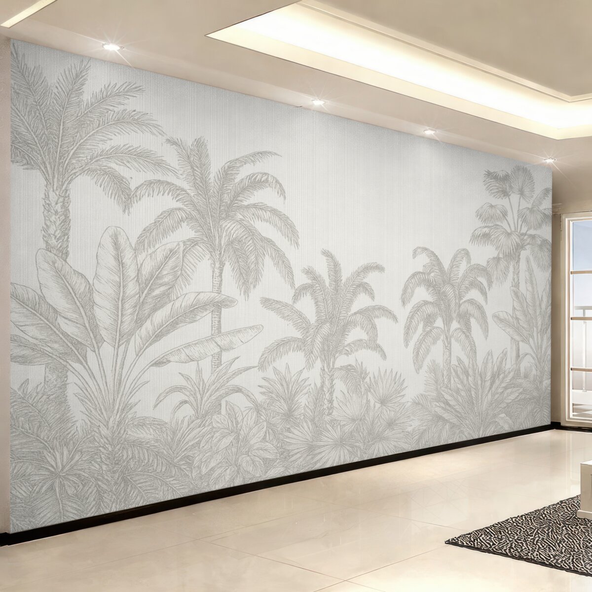 Fototapeta Wintage grafika tropikalnych roślin oraz palm na tkaninowym tle.