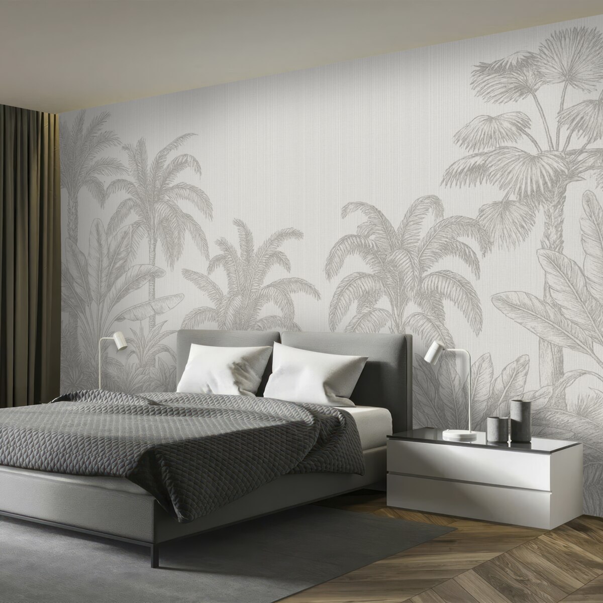 Fototapeta Wintage grafika tropikalnych roślin oraz palm na tkaninowym tle.