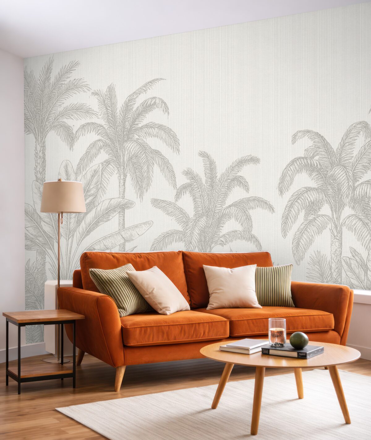 Fototapeta Wintage grafika tropikalnych roślin oraz palm na tkaninowym tle.