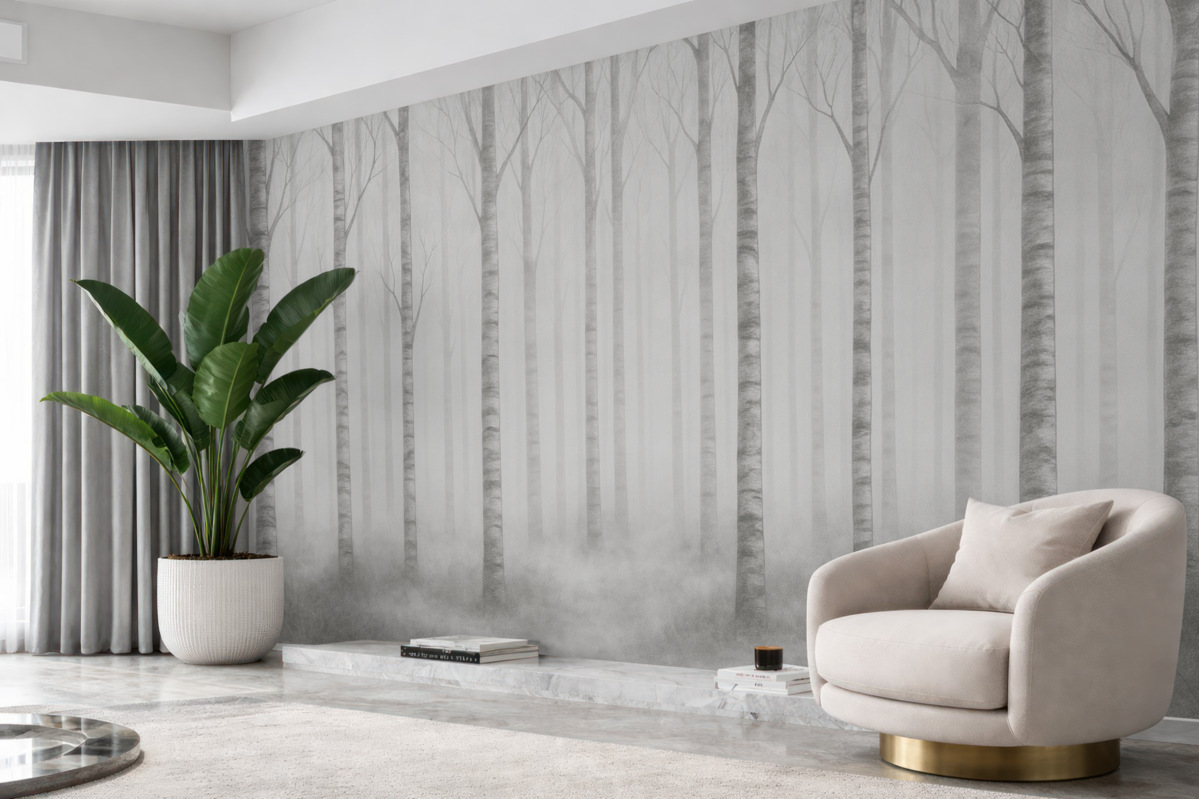 Fototapeta Pnie drzew w mgle w odcieniach szarości.