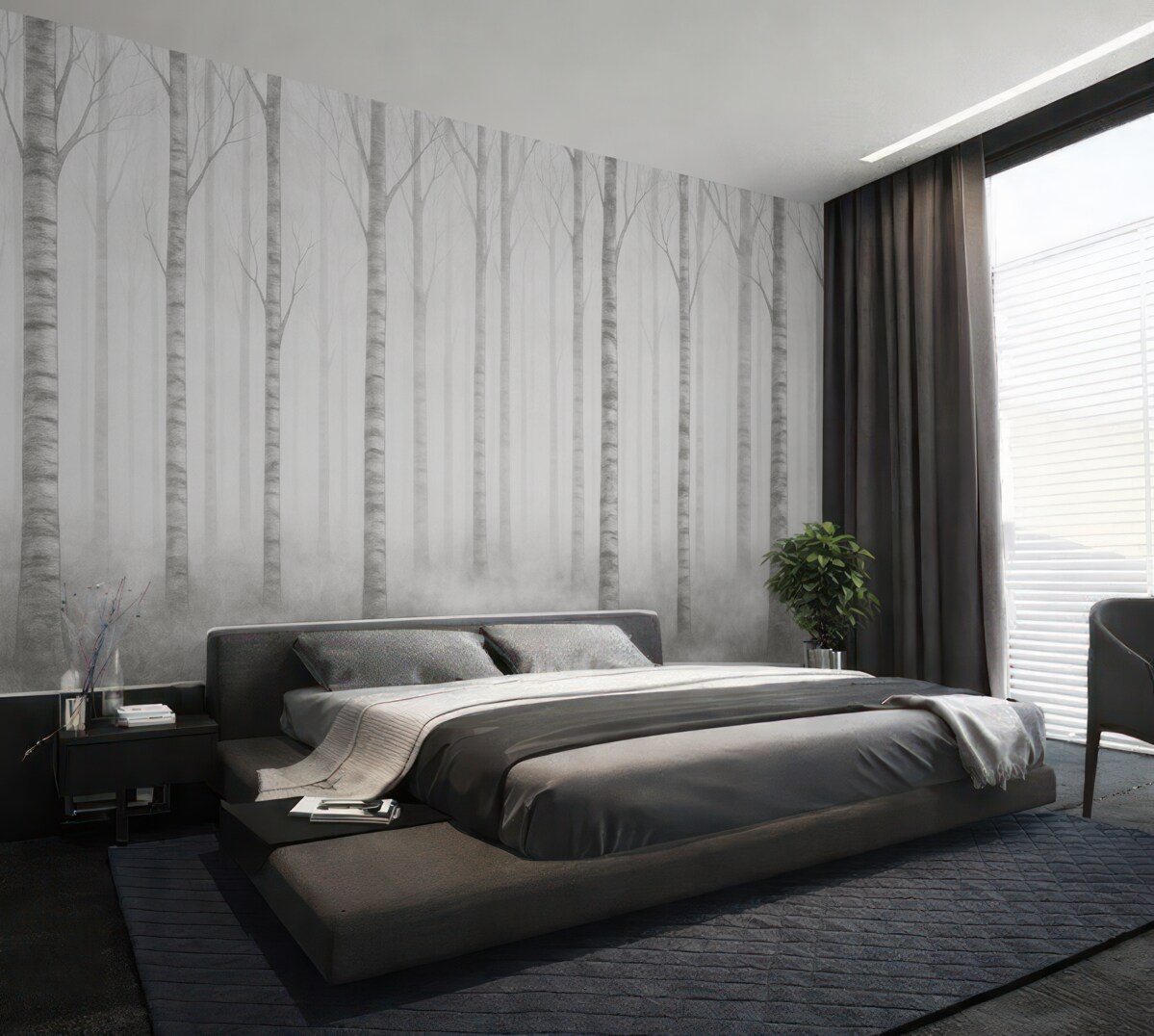 Fototapeta Pnie drzew w mgle w odcieniach szarości.