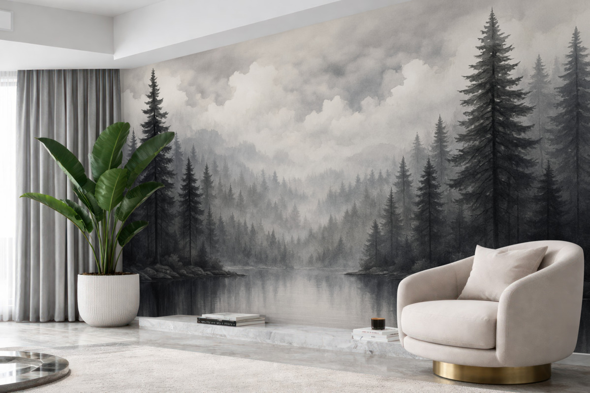 Fototapeta Lasy, akwenu i pochmurne niebo w stylu akwarelowym.