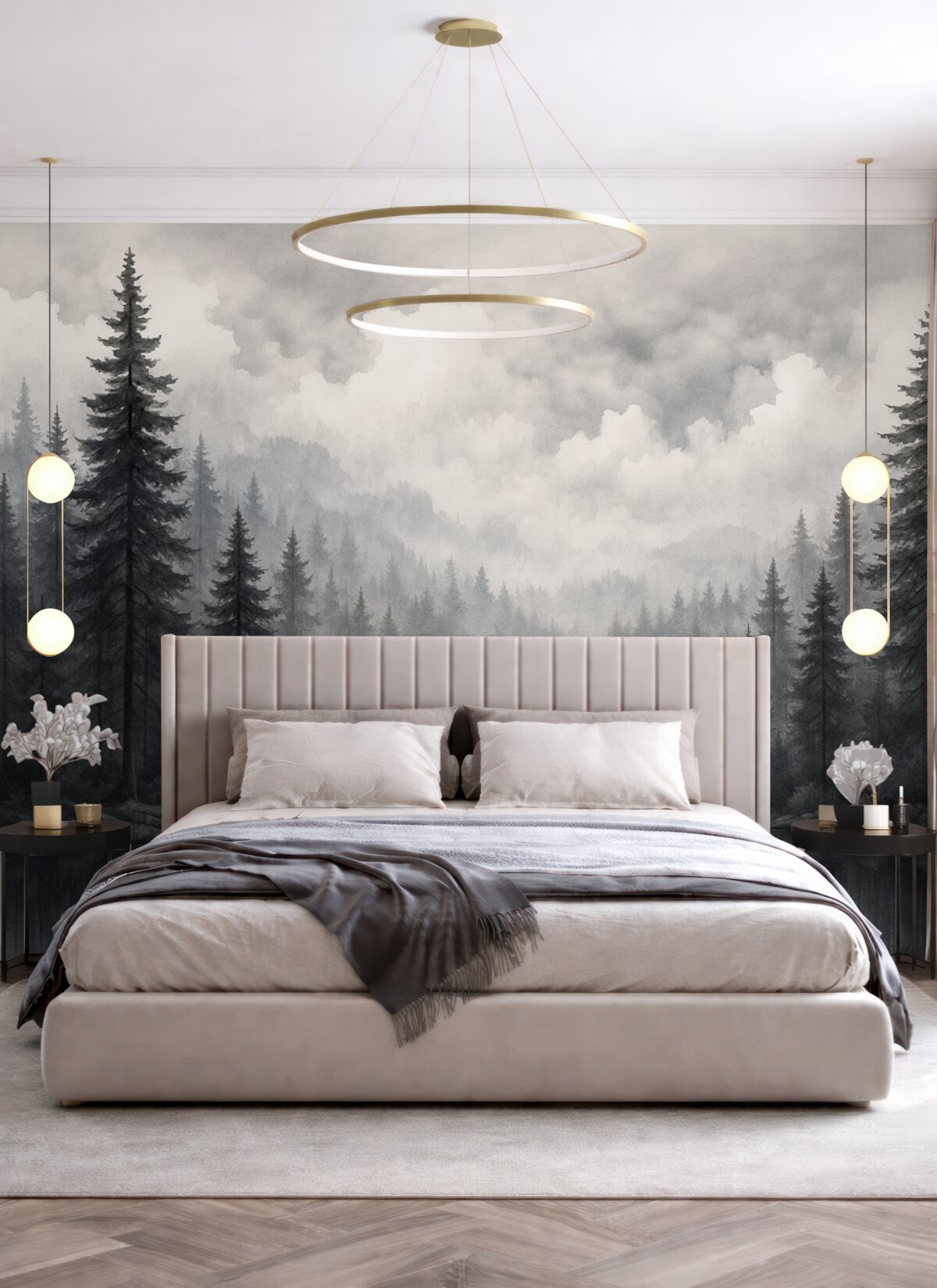 Fototapeta Lasy, akwenu i pochmurne niebo w stylu akwarelowym.