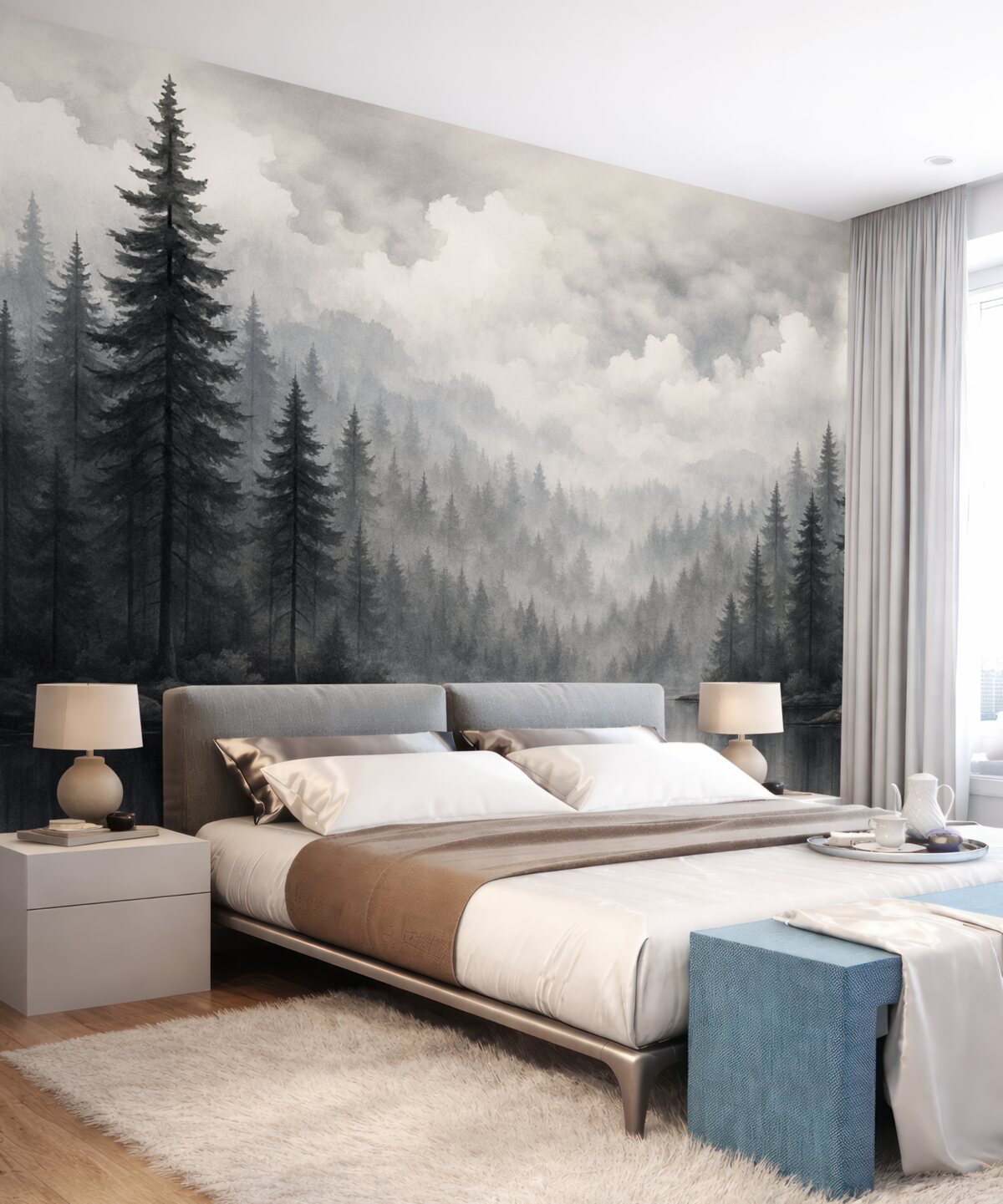 Fototapeta Lasy, akwenu i pochmurne niebo w stylu akwarelowym.