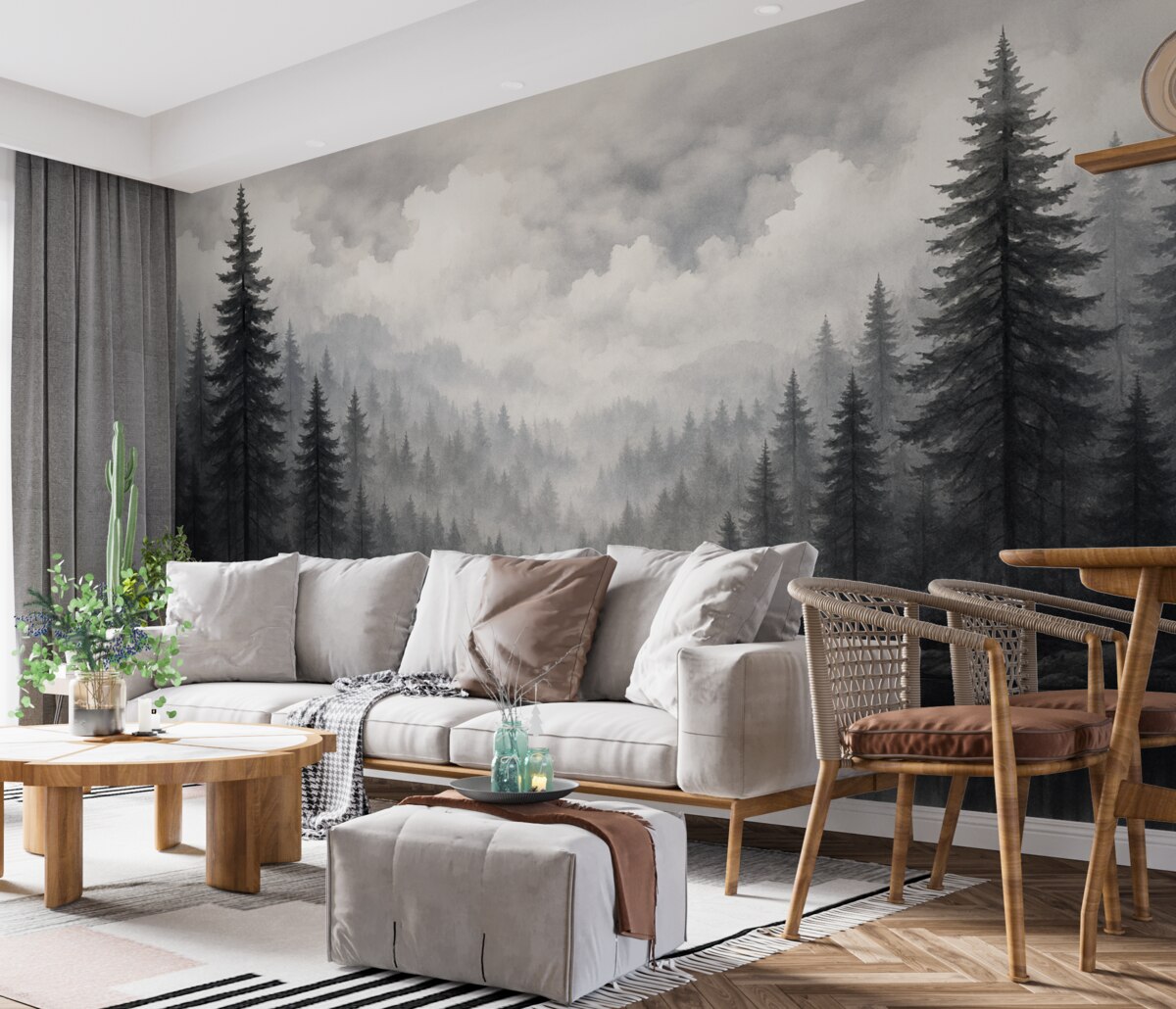 Fototapeta Lasy, akwenu i pochmurne niebo w stylu akwarelowym.