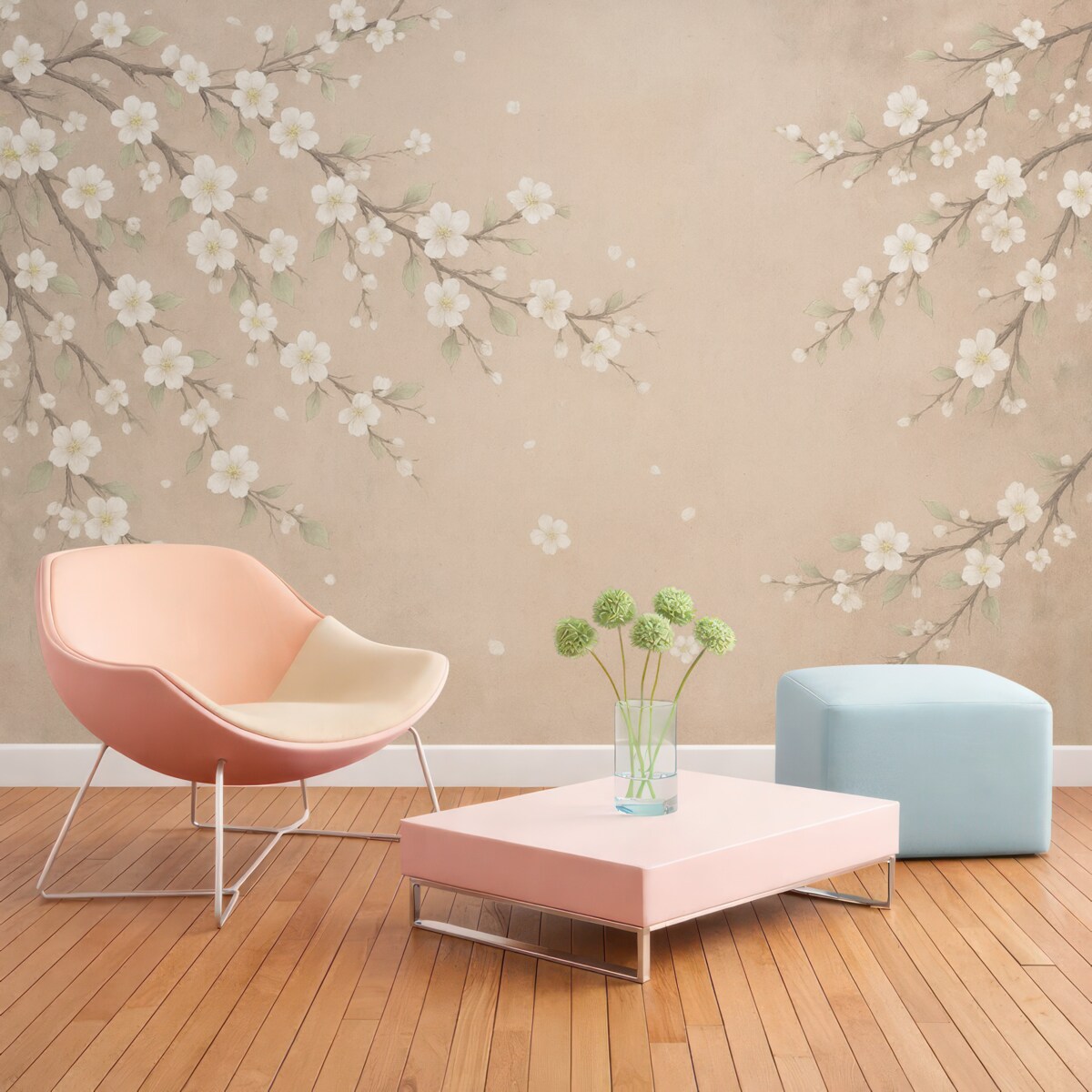 Fototapeta Kwitnąca gałązka na tle grunge'owego muru.