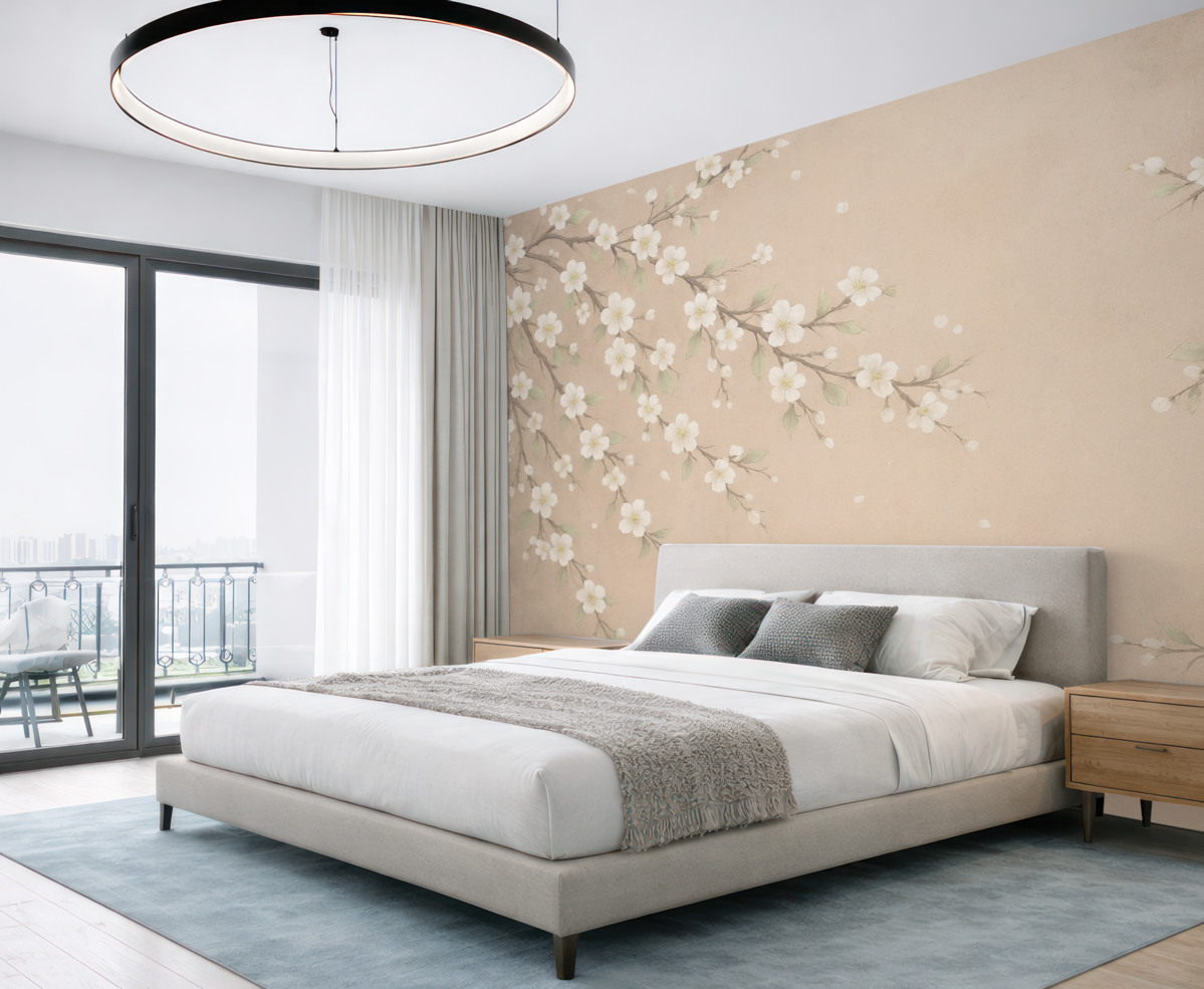 Fototapeta Kwitnąca gałązka na tle grunge'owego muru.