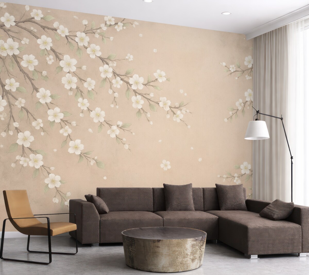 Fototapeta Kwitnąca gałązka na tle grunge'owego muru.