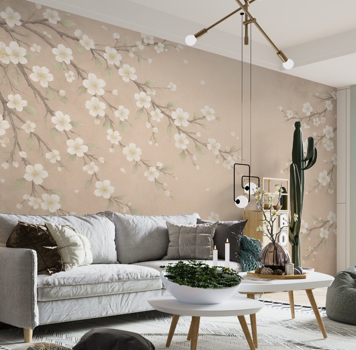 Fototapeta Kwitnąca gałązka na tle grunge'owego muru.