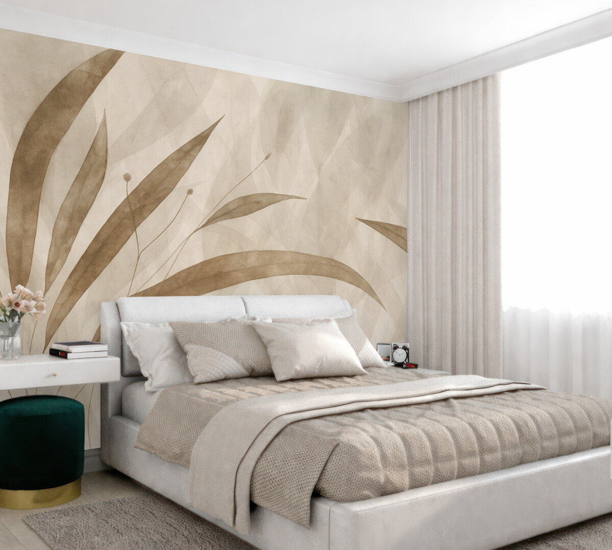 Fototapeta Styl ekologiczny, rośliny na tle o fakturze i różnorodnych odcieniach beżu.