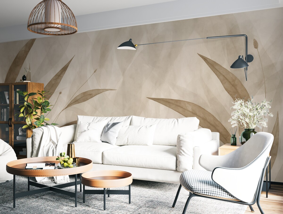 Fototapeta Styl ekologiczny, rośliny na tle o fakturze i różnorodnych odcieniach beżu.