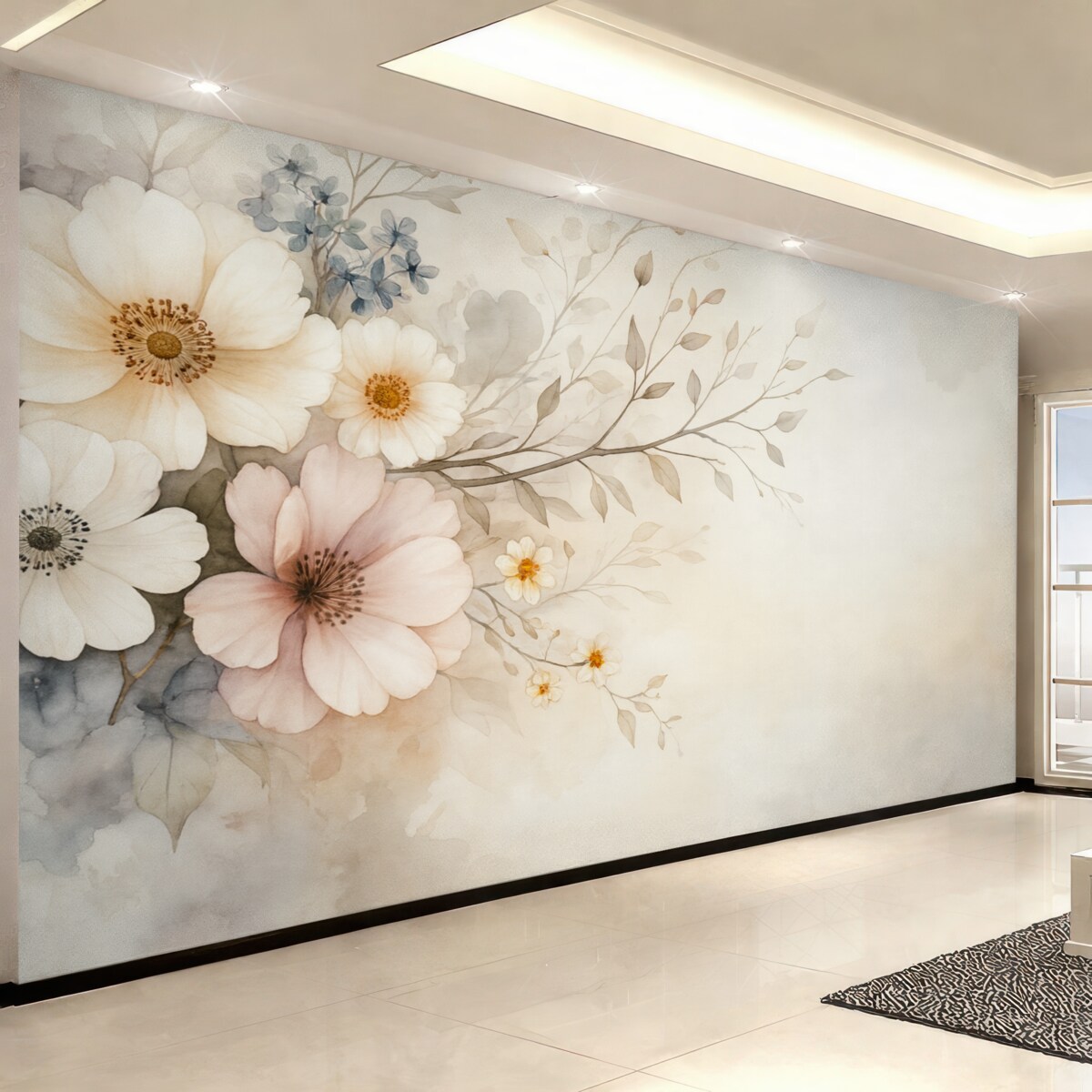 Fototapeta miękkie kwiaty i gałązka w technice akwarelowej