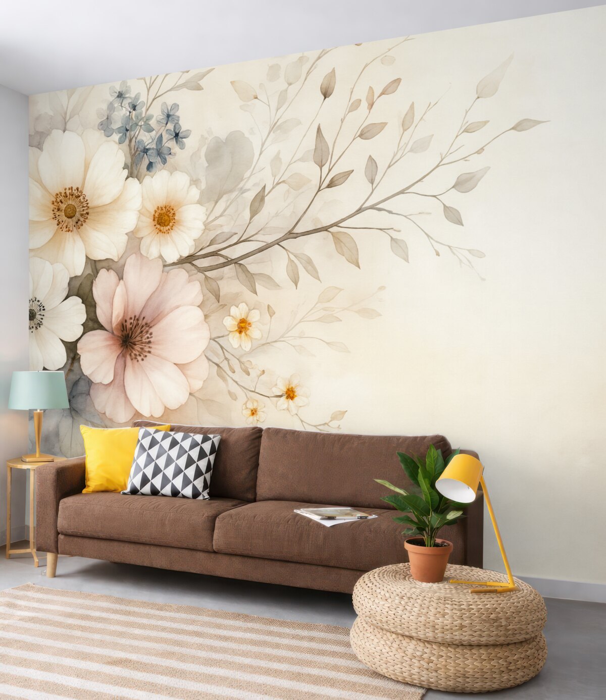 Fototapeta miękkie kwiaty i gałązka w technice akwarelowej