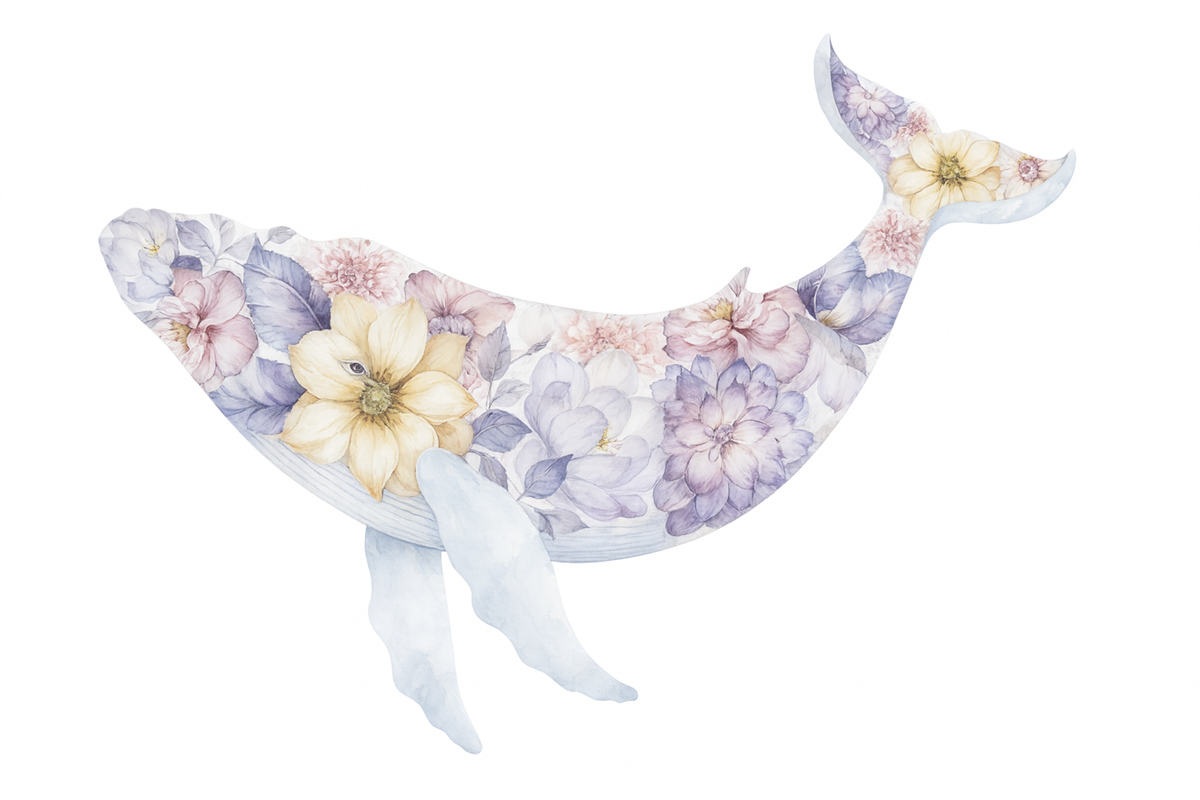 Fototapeta Urokliwy wieloryb z akwarelowymi roślinami, morska fauna, barwna.