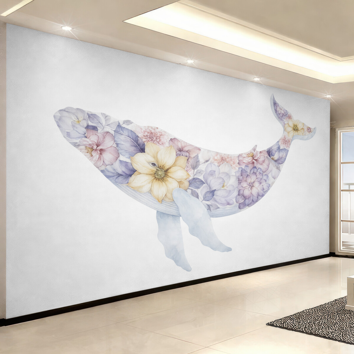 Fototapeta Urokliwy wieloryb z akwarelowymi roślinami, morska fauna, barwna.