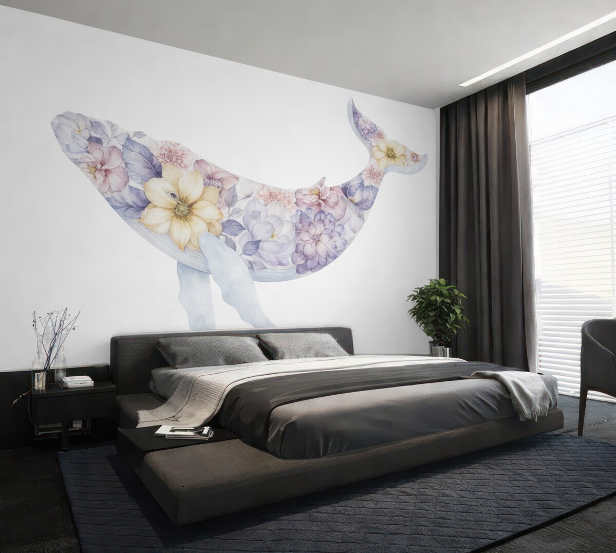 Fototapeta Urokliwy wieloryb z akwarelowymi roślinami, morska fauna, barwna.