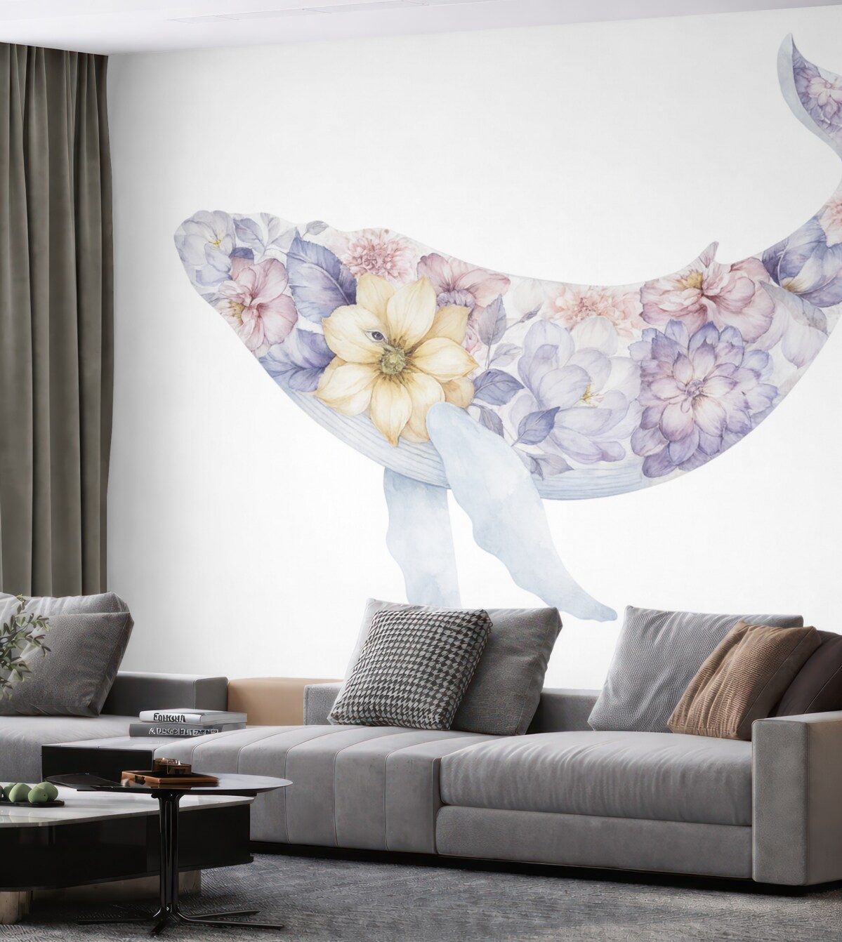 Fototapeta Urokliwy wieloryb z akwarelowymi roślinami, morska fauna, barwna.