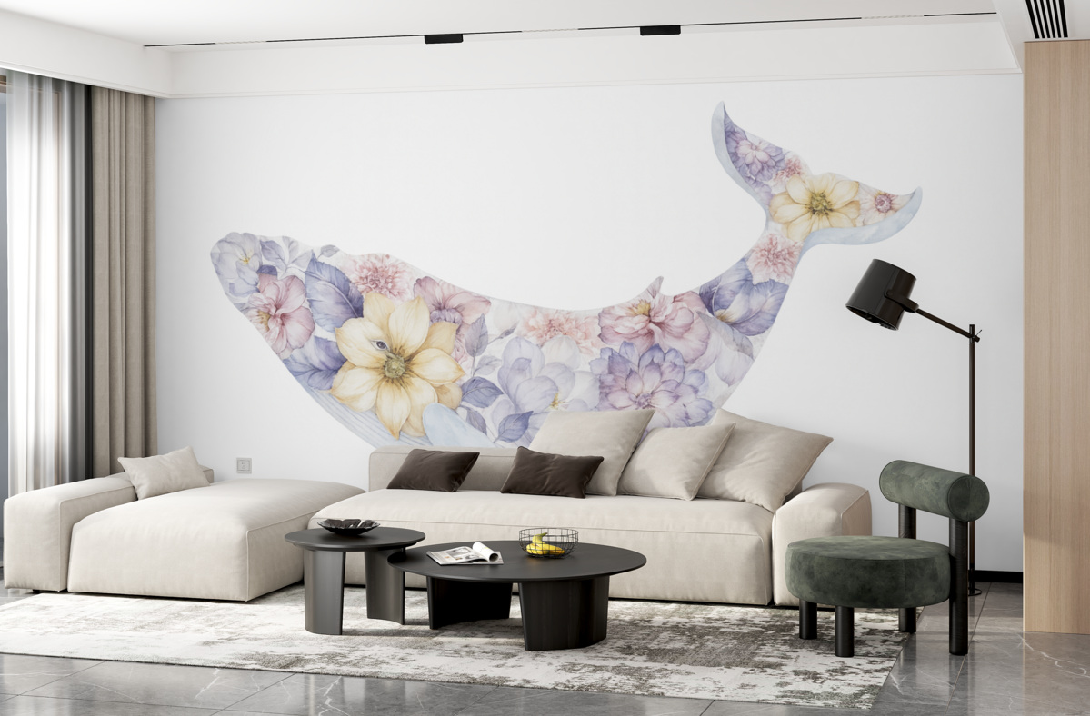 Fototapeta Urokliwy wieloryb z akwarelowymi roślinami, morska fauna, barwna.