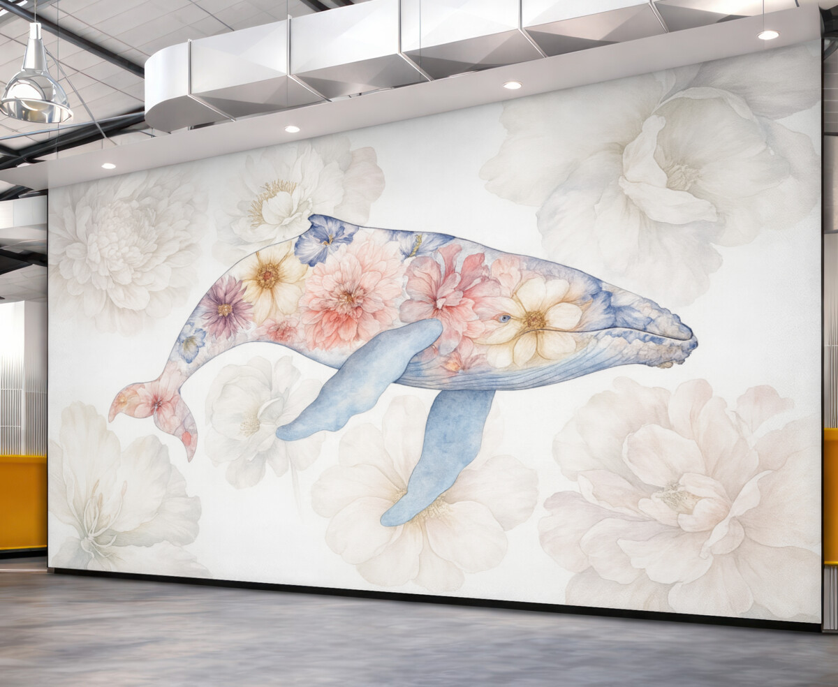 Fototapeta Wieloryb z akwarelowymi roślinami, stworzenia oceanu, prostota, barwny.