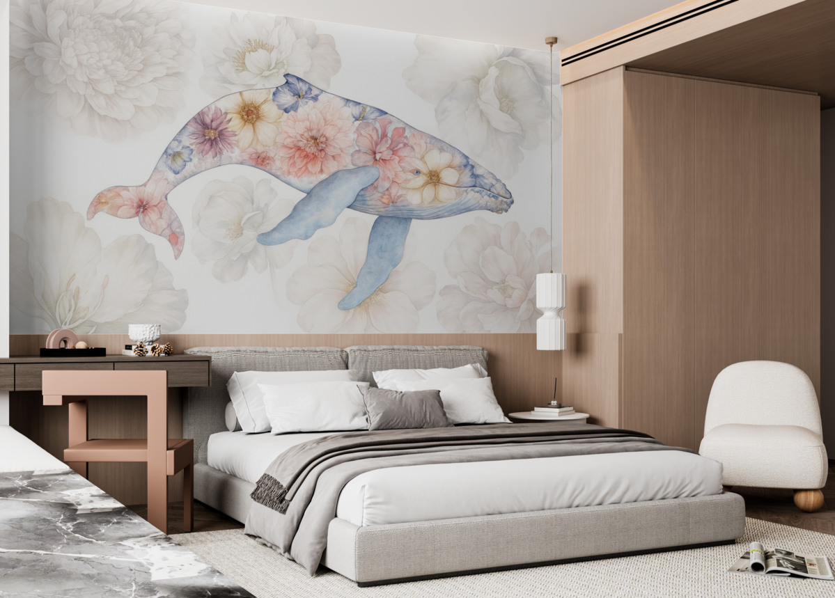 Fototapeta Wieloryb z akwarelowymi roślinami, stworzenia oceanu, prostota, barwny.