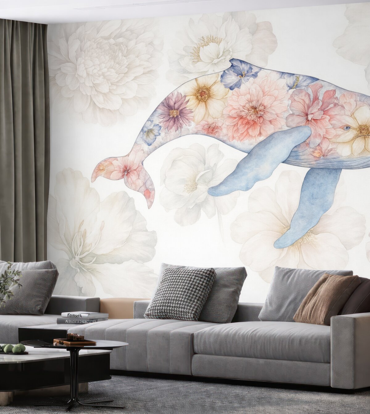 Fototapeta Wieloryb z akwarelowymi roślinami, stworzenia oceanu, prostota, barwny.