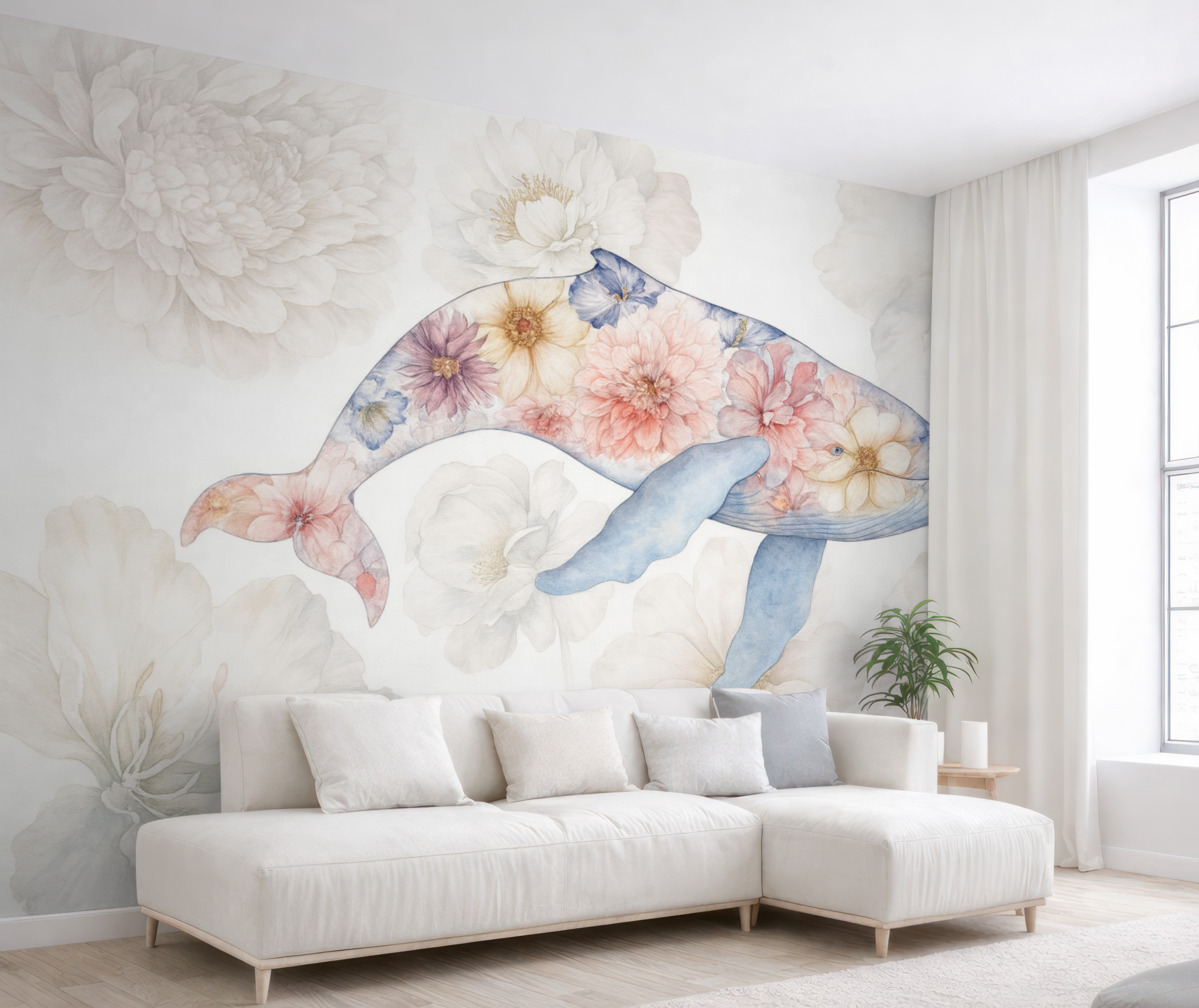 Fototapeta Wieloryb z akwarelowymi roślinami, stworzenia oceanu, prostota, barwny.