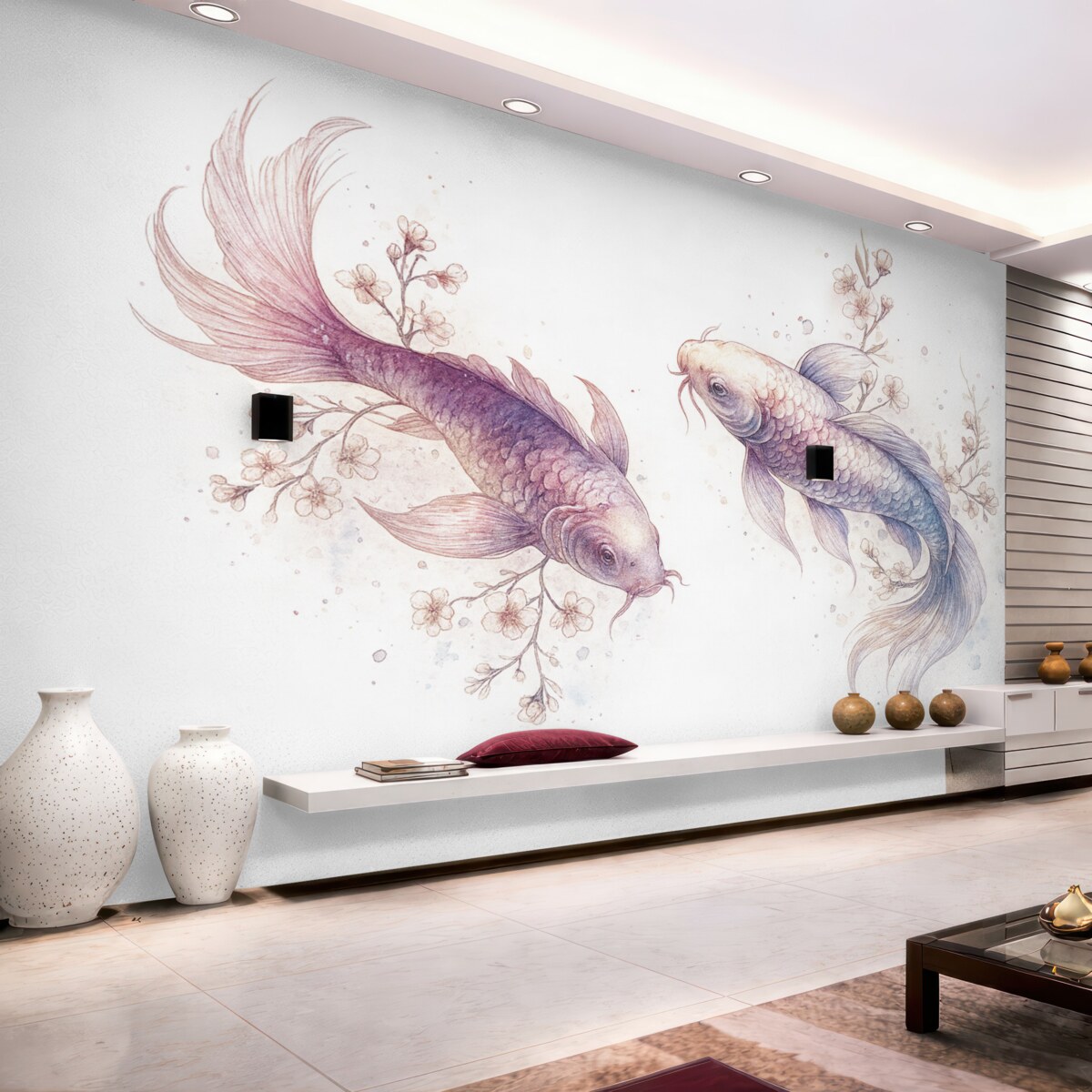 Fototapeta Akwarela rybka, styl wschodni, drzewo czereśniowe, błękitny i fioletowy.