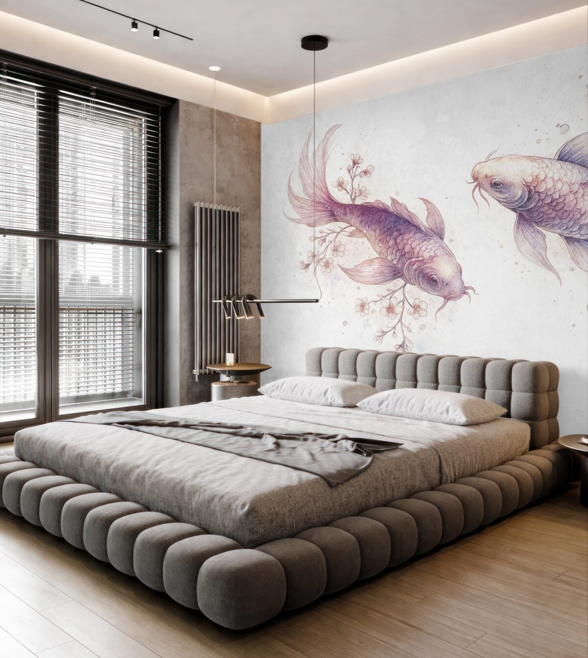 Fototapeta Akwarela rybka, styl wschodni, drzewo czereśniowe, błękitny i fioletowy.