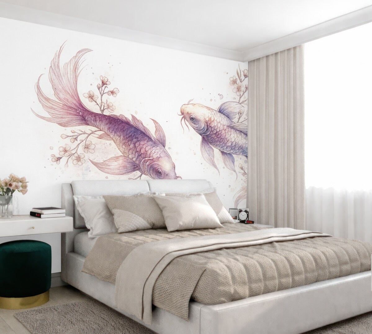 Fototapeta Akwarela rybka, styl wschodni, drzewo czereśniowe, błękitny i fioletowy.