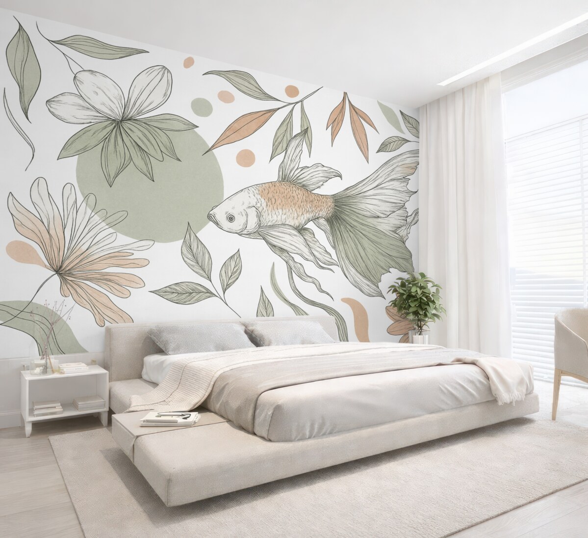 Fototapeta Obrazek linii ryby z kwiatami, minimalizm, oceaniczny, florystyczny, naturalne odcienie.