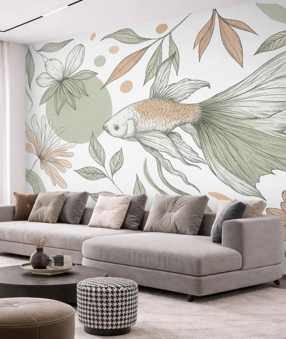 Fototapeta Obrazek linii ryby z kwiatami, minimalizm, oceaniczny, florystyczny, naturalne odcienie.