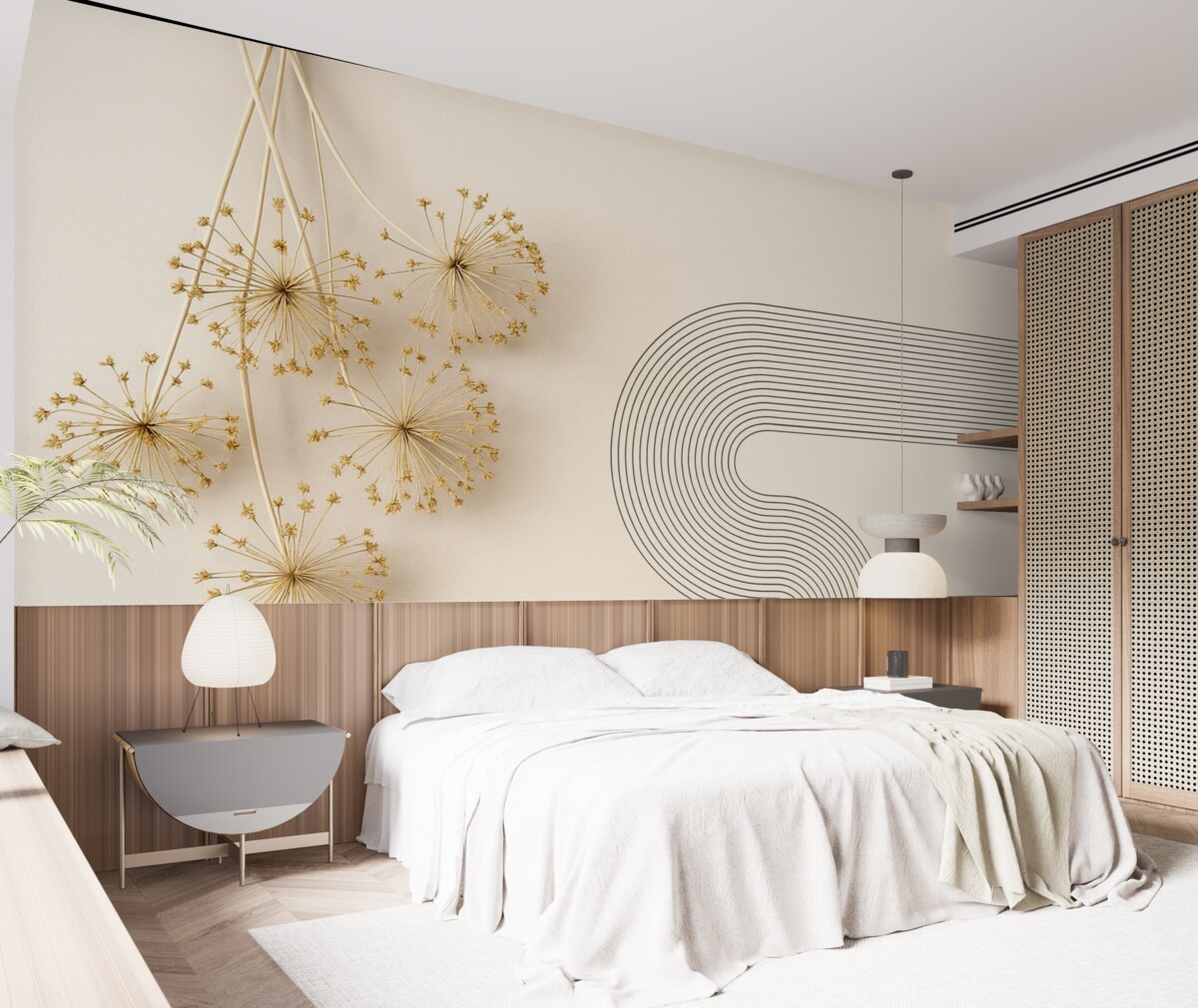 Fototapeta Eleganckie suszone rośliny i linie w tonacjach beżowych.