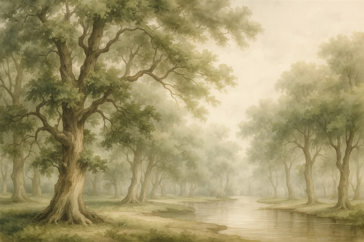 Fototapeta Gaj dębowy przypomina rozmytą akwarelę.