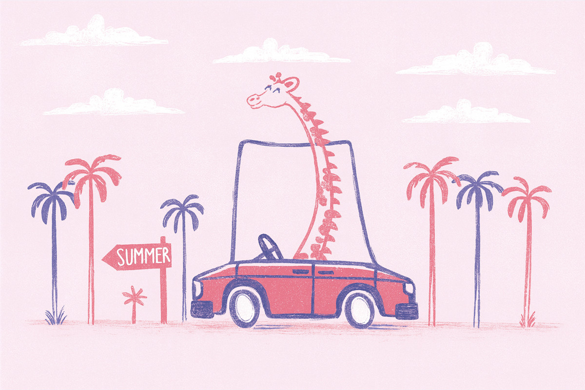 Fototapeta Żyrafa w różowym aucie.