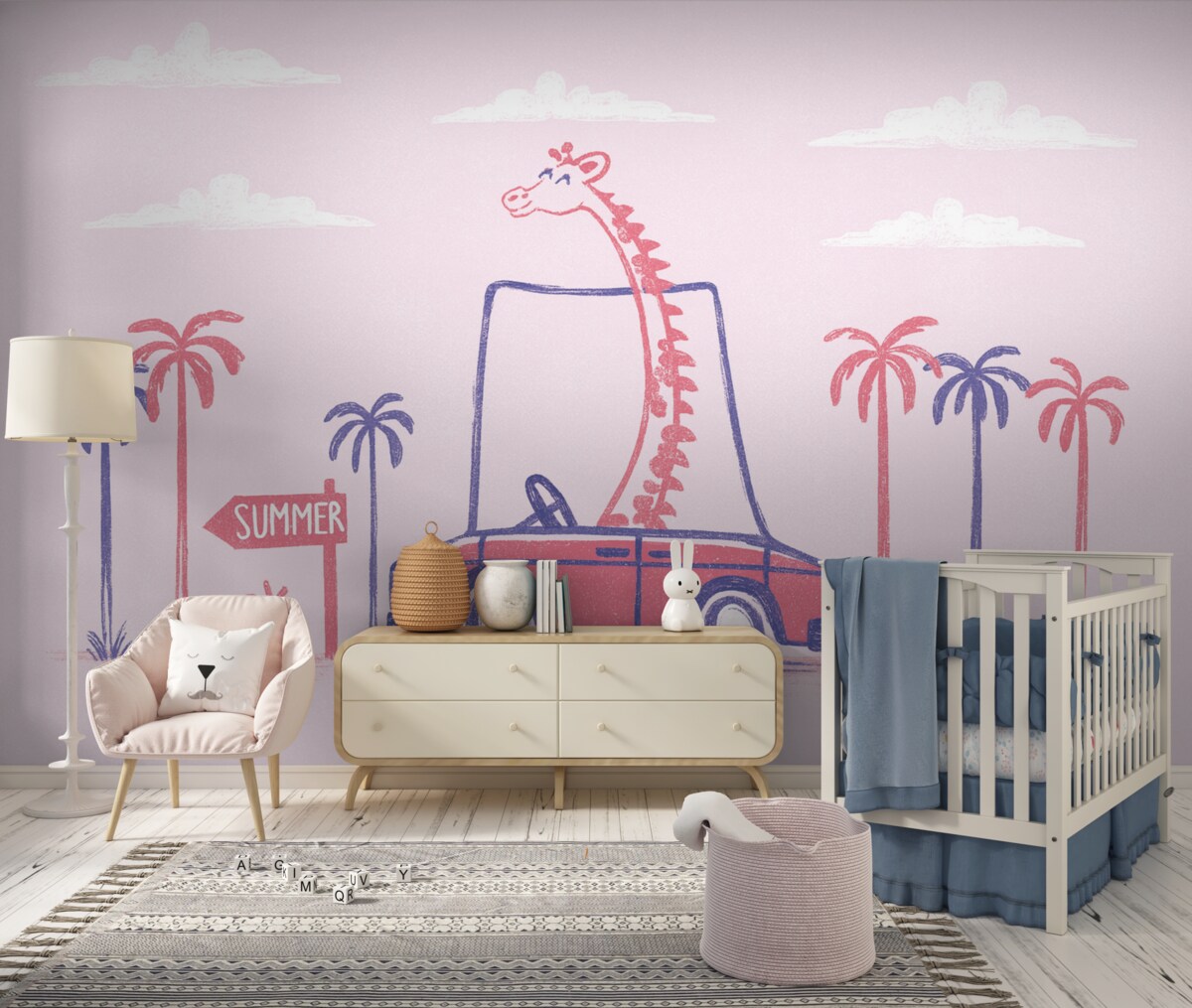 Fototapeta Żyrafa w różowym aucie.