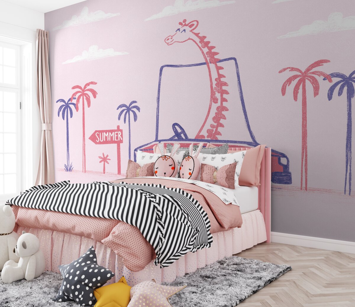 Fototapeta Żyrafa w różowym aucie.