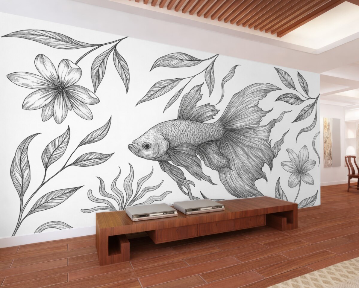 Fototapeta Rysunek linii ryby z roślinami, minimalizm, morski, florystyczny, styl atramentu.