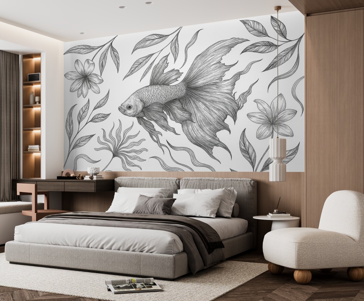 Fototapeta Rysunek linii ryby z roślinami, minimalizm, morski, florystyczny, styl atramentu.