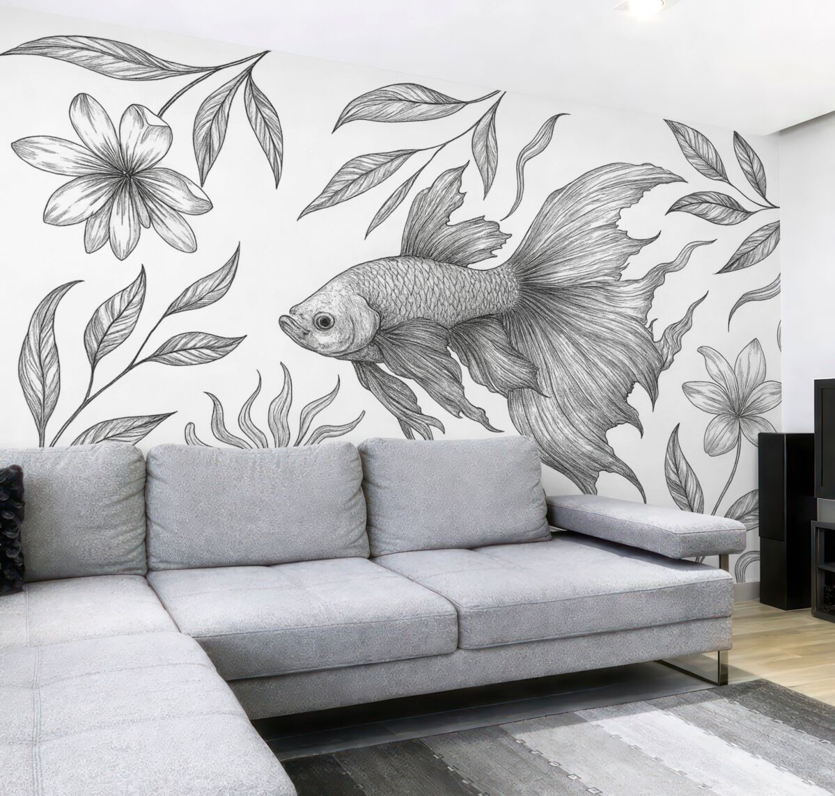 Fototapeta Rysunek linii ryby z roślinami, minimalizm, morski, florystyczny, styl atramentu.