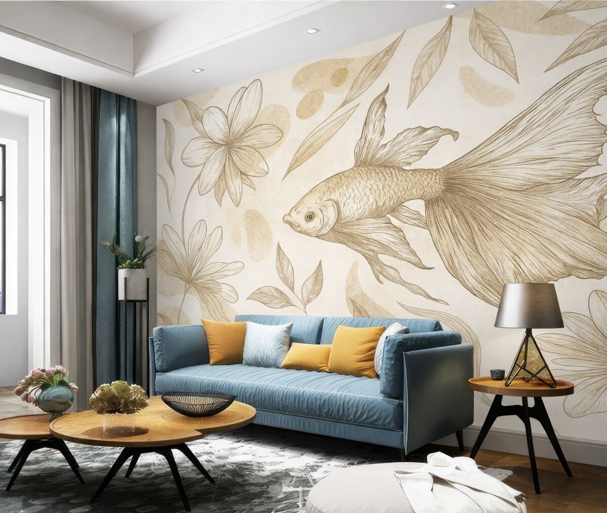 Fototapeta Ryba z motywami kwiatowymi, beżowe tło, szkic liniowy.