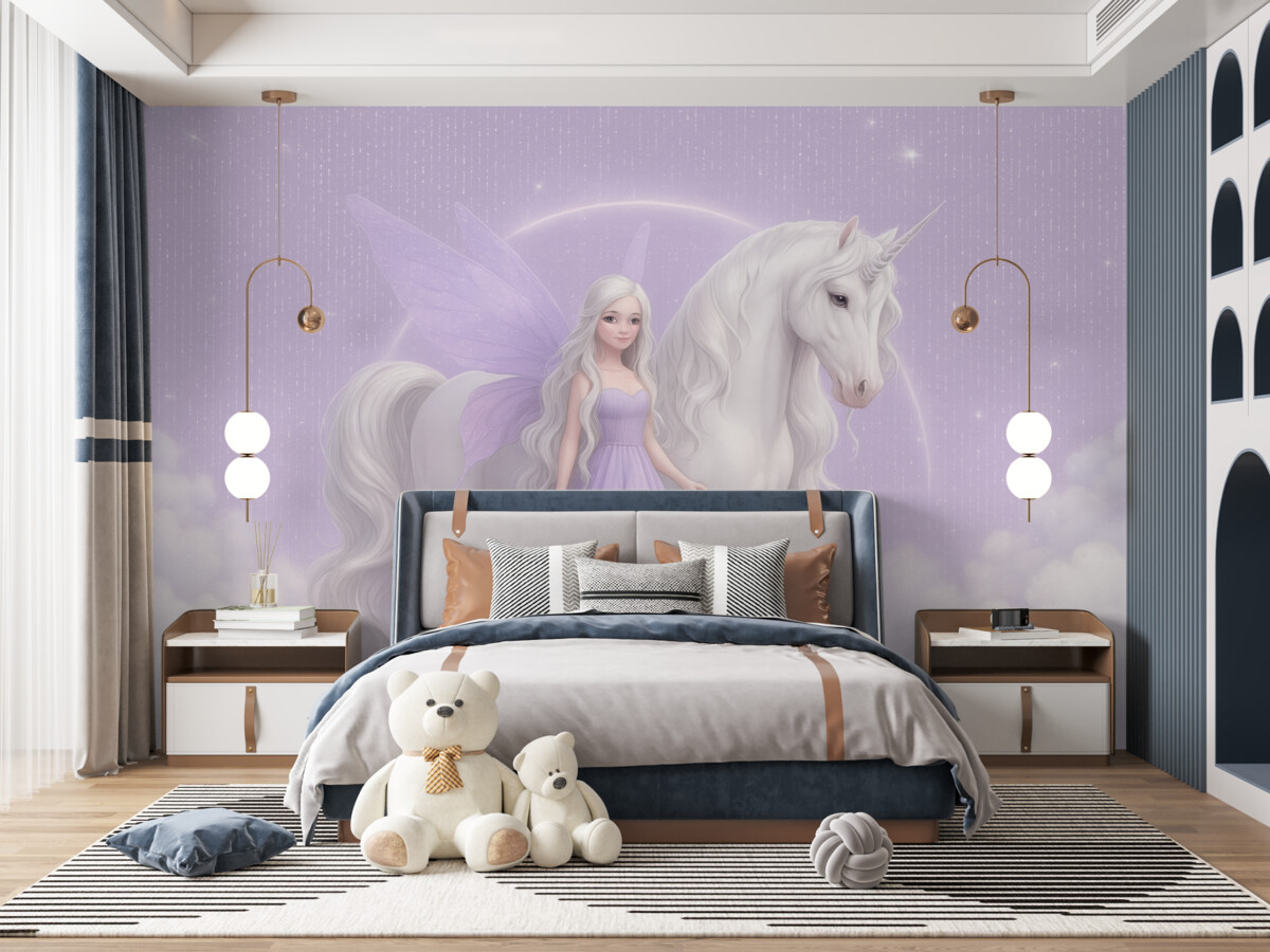 Fototapeta Wróżka z jednorożcem pośród chmur.